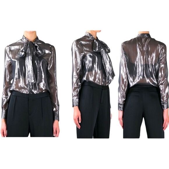 SAINT Laurent YSL Bow Neck Tie Metallic Silk Silver Collared Blouse Top Size 6 - Picture 3 of 14